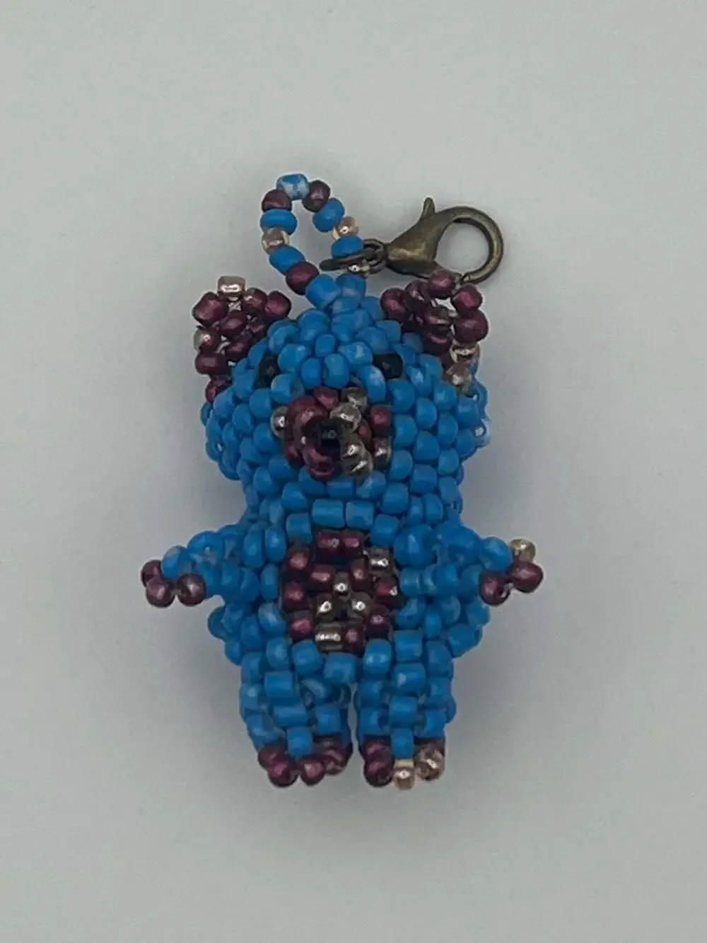 Handmade 3D Beaded Teddy Bear Keychain Charm, Blue and Maroon